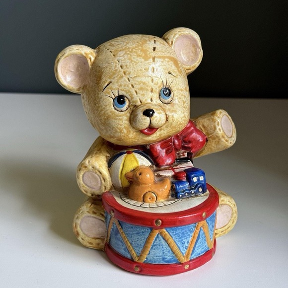 Enesco Other - Vintage 1981 ENESCO Teddy Bear W/ Toys Drum Coin Bank COLORFUL Train‎ Rare T65